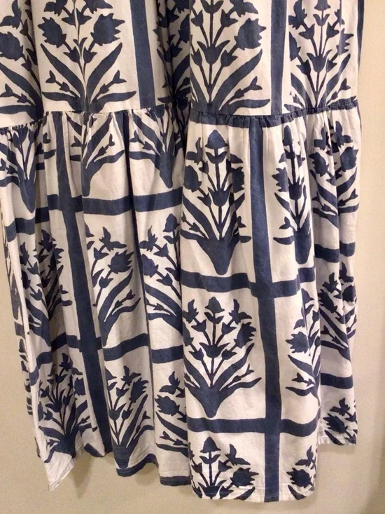 SZ Block Prints /Orti Blue and White Cotton Floral Midi Dress - Sz L - Picture 12 of 12